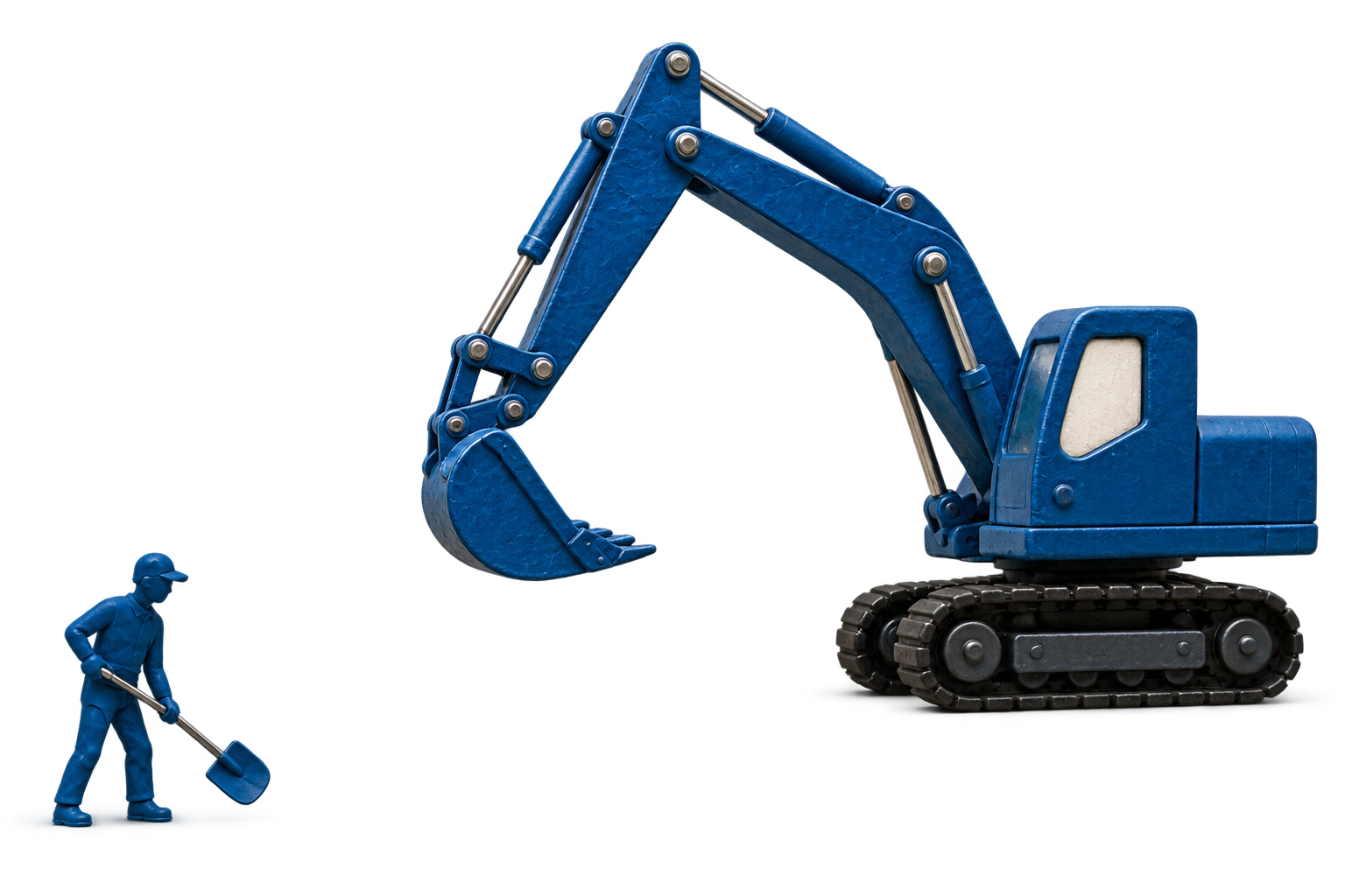 A business owner with a shovel beside a compact excavator, ready to move repetitive work.